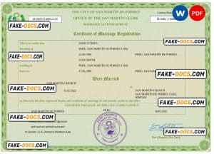 Peru marriage certificate Word and PDF template, fully editable