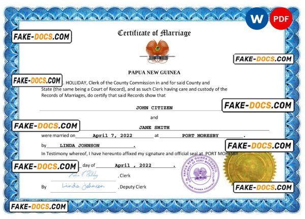 Papua New Guinea marriage certificate Word and PDF template, fully editable