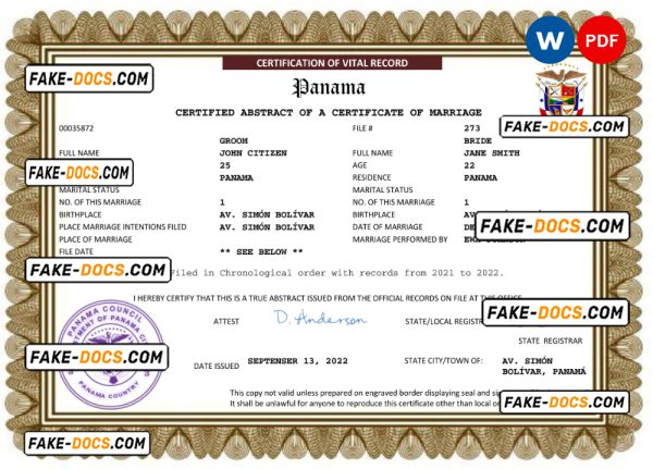 Panama marriage certificate Word and PDF template, completely editable