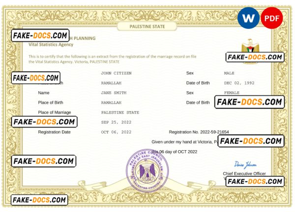 Palestine marriage certificate Word and PDF template, fully editable