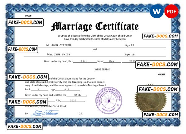 Oman marriage certificate Word and PDF template, completely editable
