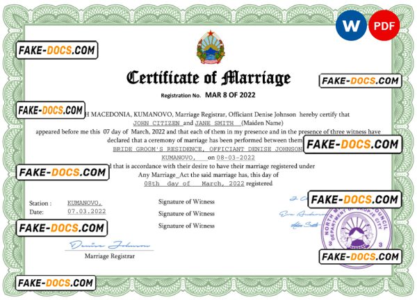 North Macedonia marriage certificate Word and PDF template, completely editable