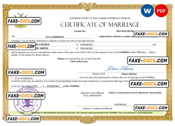 Namibia marriage certificate Word and PDF template, fully editable