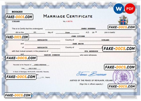 Iceland marriage certificate Word and PDF template, completely editable
