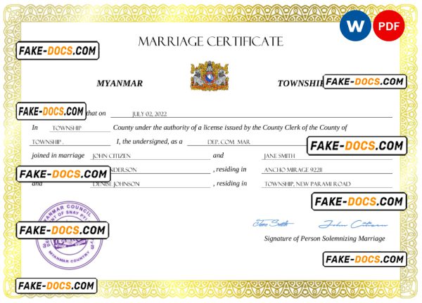 Myanmar marriage certificate Word and PDF template, completely editable