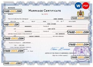 Morocco marriage certificate Word and PDF template, completely editable