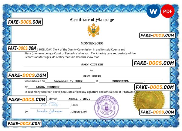 Montenegro marriage certificate Word and PDF template, fully editable