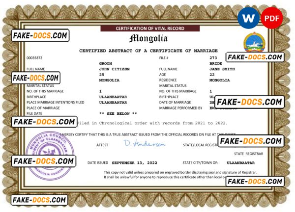 Mongolia marriage certificate Word and PDF template, completely editable