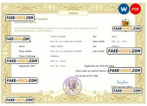 Senegal marriage certificate Word and PDF template, fully editable Senegal marriage certificate Word and PDF template, fully editable