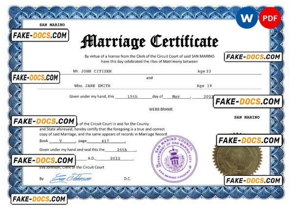 San Marino marriage certificate Word and PDF template, completely editable