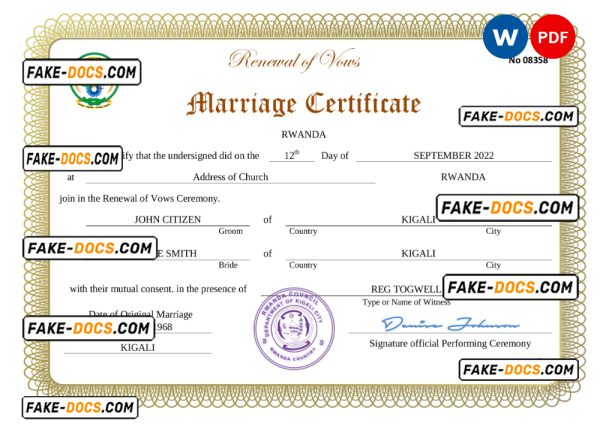 Rwanda marriage certificate Word and PDF template, completely editable