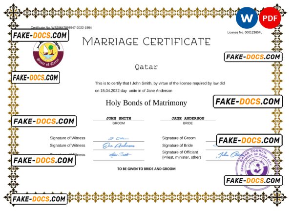 Qatar marriage certificate Word and PDF template, fully editable