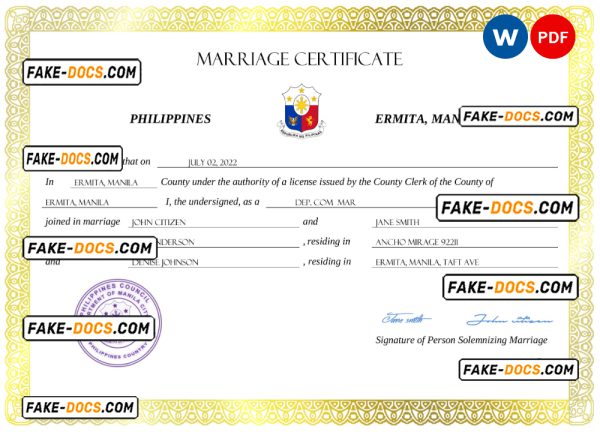 Philippines marriage certificate Word and PDF template, completely editable