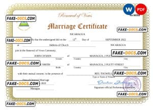 Nicaragua marriage certificate Word and PDF template, fully editable