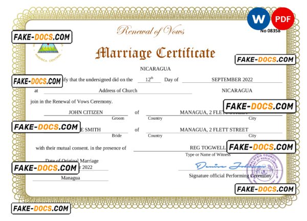 Nicaragua marriage certificate Word and PDF template, fully editable