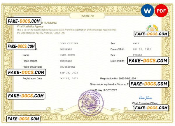 Tajikistan marriage certificate Word and PDF template, fully editable