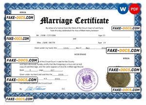 Syria marriage certificate Word and PDF template, fully editable Syria marriage certificate Word and PDF template, fully editable