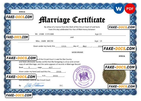 Syria marriage certificate Word and PDF template, fully editable