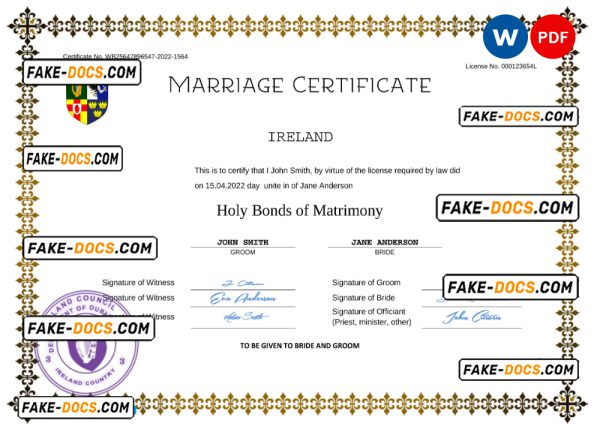 Ireland marriage certificate Word and PDF template, fully editable
