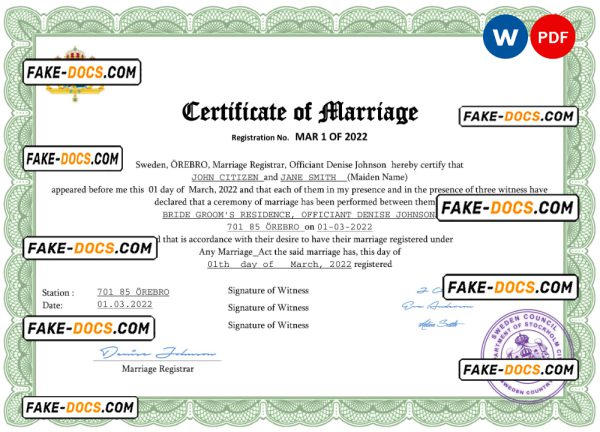 Sweden marriage certificate Word and PDF template, fully editable