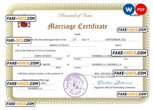 Spain marriage certificate Word and PDF template, fully editable Spain marriage certificate Word and PDF template, fully editable