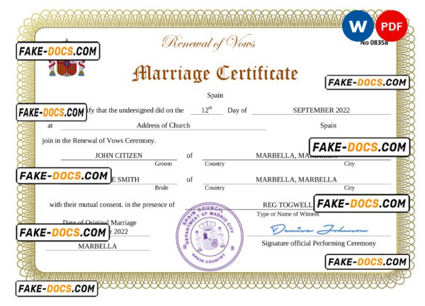 Spain marriage certificate Word and PDF template, fully editable