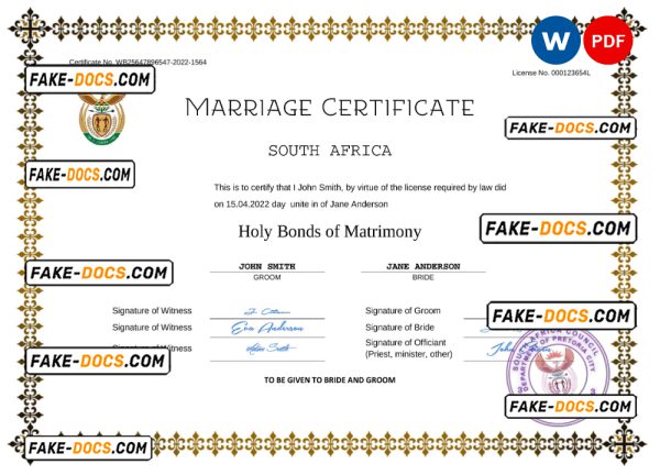 South Africa marriage certificate Word and PDF template, completely editable