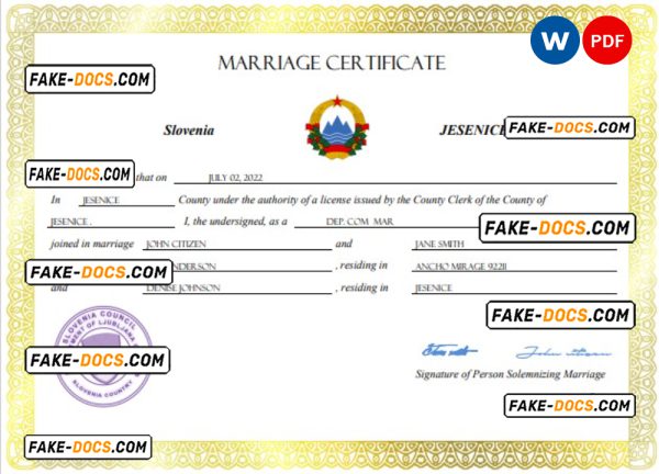 Slovenia marriage certificate Word and PDF template, fully editable