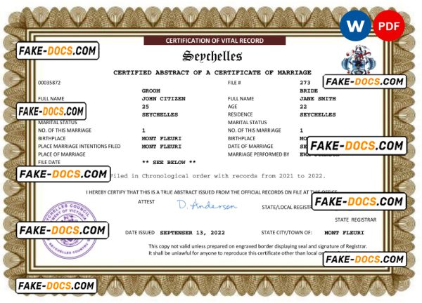 Seychelles marriage certificate Word and PDF template, fully editable