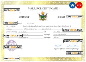Zimbabwe marriage certificate Word and PDF template, completely editable