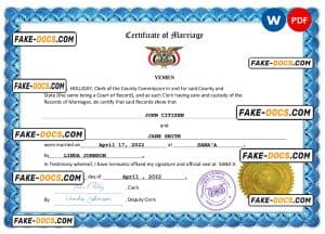 Yemen marriage certificate Word and PDF template, completely editable