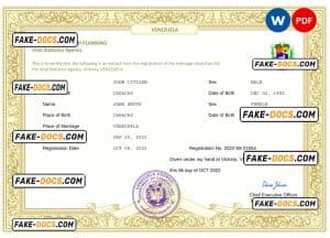 Venezuela marriage certificate Word and PDF template, completely editable