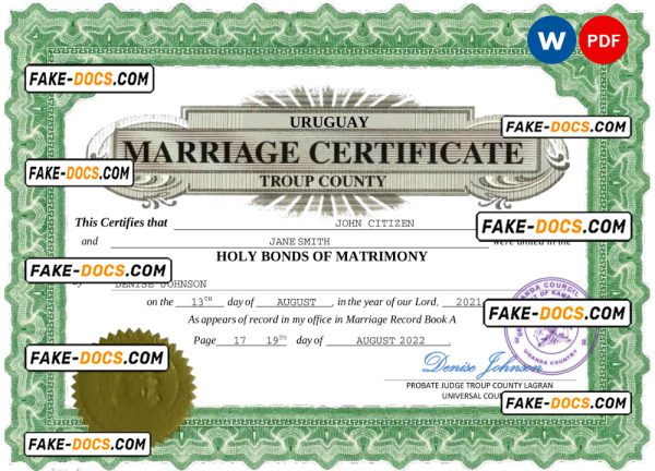 Uruguay marriage certificate Word and PDF template, fully editable