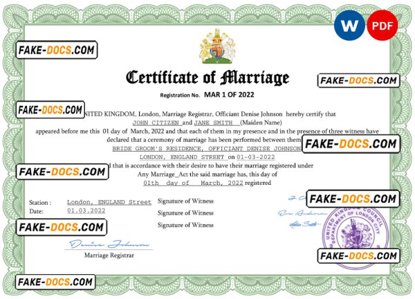 United Kingdom marriage certificate Word and PDF template, fully editable