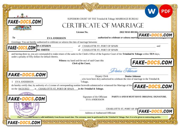 Trinidad and Tobago marriage certificate Word and PDF template, completely editable