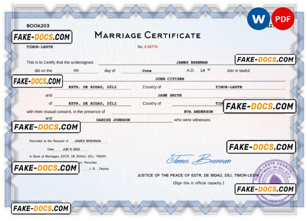 Timor-Leste marriage certificate Word and PDF template, completely editable
