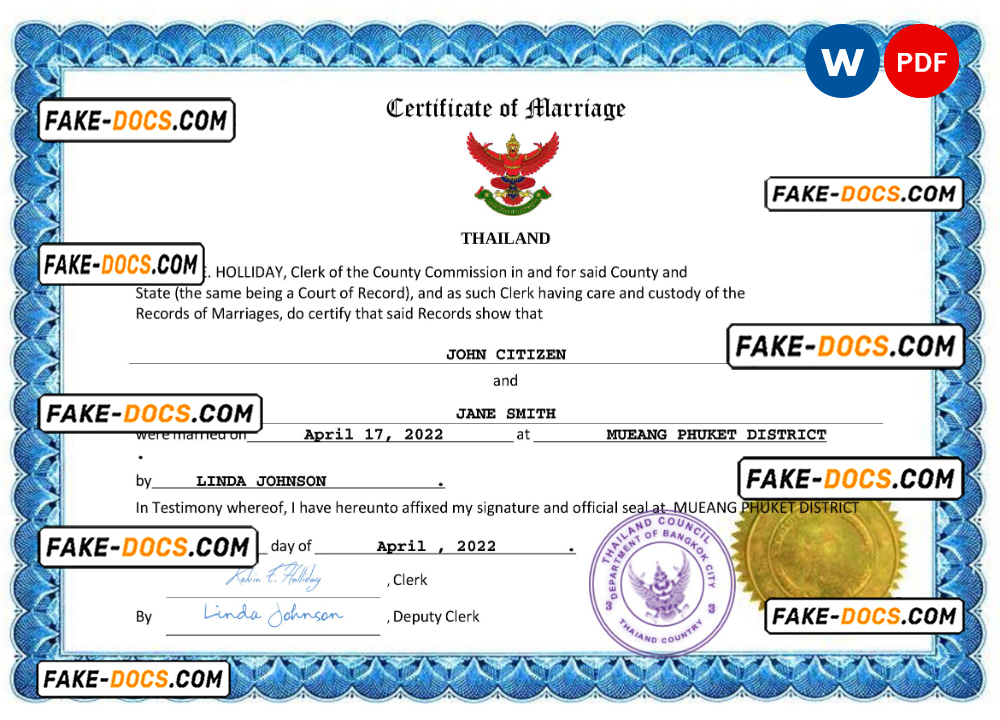 Thailand marriage certificate Word and PDF template, fully editable