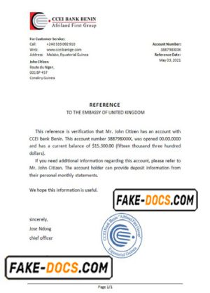 Equatorial Guinea CCEI Bank Benin bank reference letter template in Word and PDF format
