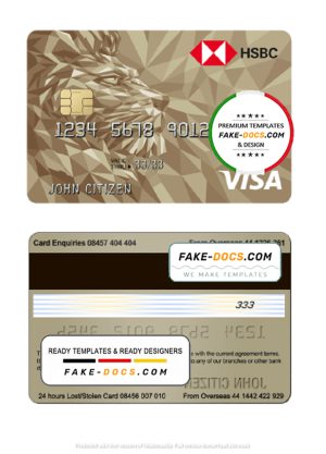 United Kingdom HSBC visa gold credit card template in PSD format, fully editable