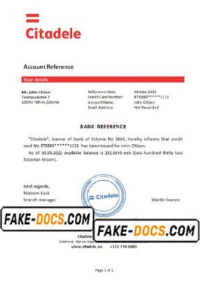 Estonia Citadele banka Eesti filiaal AS template of bank reference letter, Word and PDF format (.doc and .pdf)