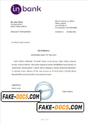 Estonia Inbank bank account reference letter template in Word and PDF format