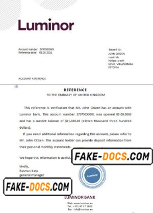Estonia Luminor Bank template of bank reference letter, Word and PDF format (.doc and .pdf)