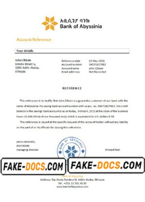 Ethiopia Bank of Abyssinia bank reference letter, Word and PDF format (.doc and .pdf)