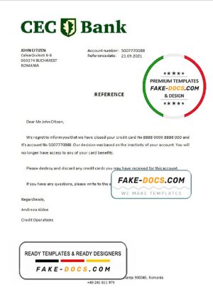 Romania CEC Bank bank account closure reference letter template in Word and PDF format