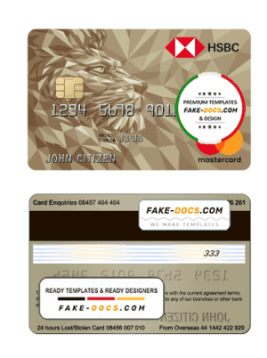 United Kingdom HSBC Gold mastercard credit card template in PSD format, fully editable