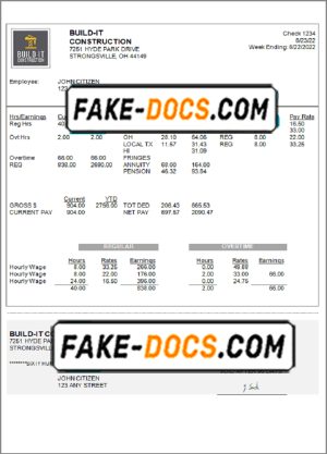 USA Ohio construction company earnings statement template in Word and PDF format