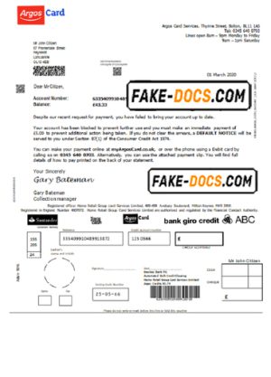 United Kingdom Argos Card bank payment reference proof of address template in Word and PDF format