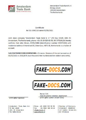 Netherlands Amsterdam Trade Bank certificate template in Word and PDF format