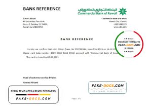 Kuwait Commercial Bank of Kuwait bank account closure reference letter template in Word and PDF format