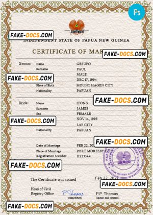 Papua New Guinea marriage certificate PSD template, fully editable